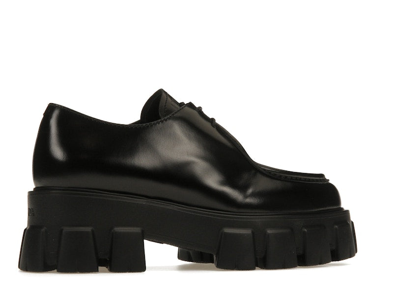 Prada Monolith 55mm Pointy Lace Up Loafer Black Brushed Leather