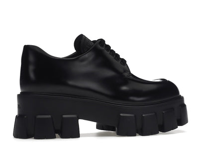 Prada Monolith 55mm Lace Up Loafer Black Brushed Leather
