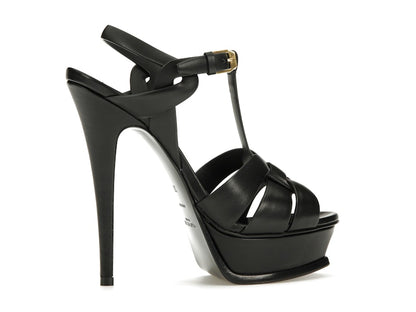 Saint Laurent Tribute Platform Sandal Heels Black Leather
