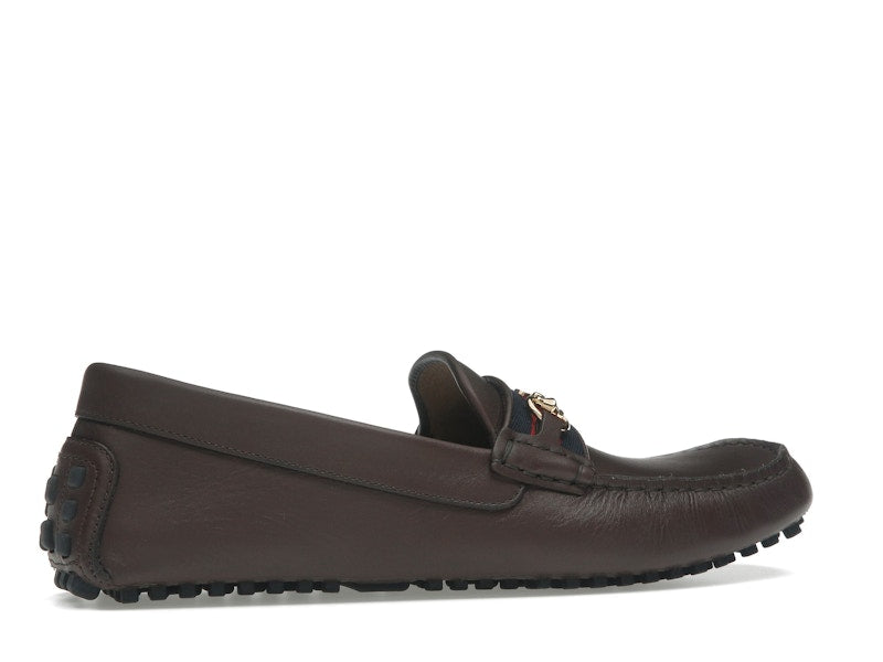 Gucci Ayrton Webbing-Trimmed Horsebit Leather Driver Loafers Brown