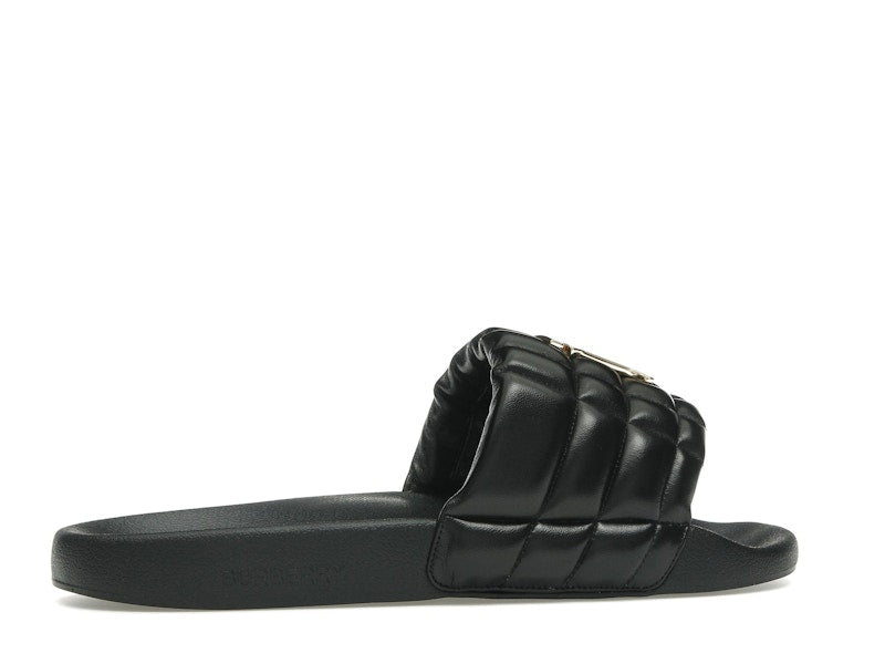 Burberry Monogram Motif Quilted Lambskin Slides Black Gold-tone