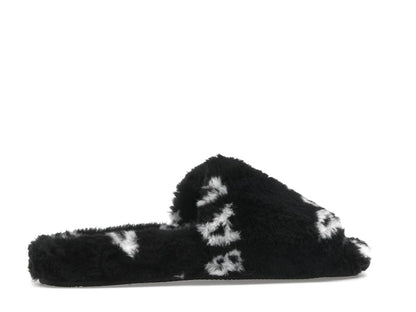 Balenciaga Furry Slide Fake Fur Logo Allover Black White