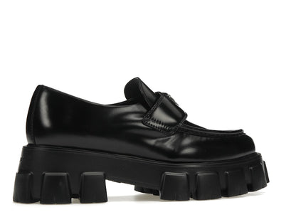 Prada Monolith 55mm Pointy Loafer Black Brushed Leather
