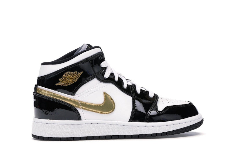 Jordan 1 Mid Patent Black White Gold (GS)