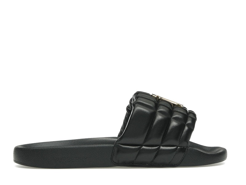 Burberry Monogram Motif Quilted Lambskin Slides Black Gold-tone