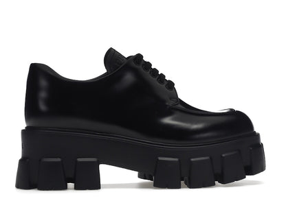 Prada Monolith 55mm Lace Up Loafer Black Brushed Leather
