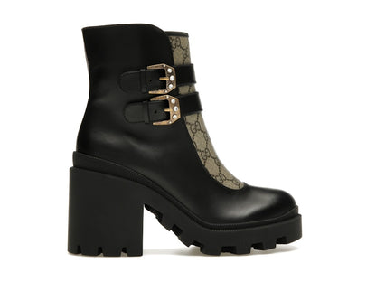 Gucci Buckles Ankle Boots Black Beige (Women's)