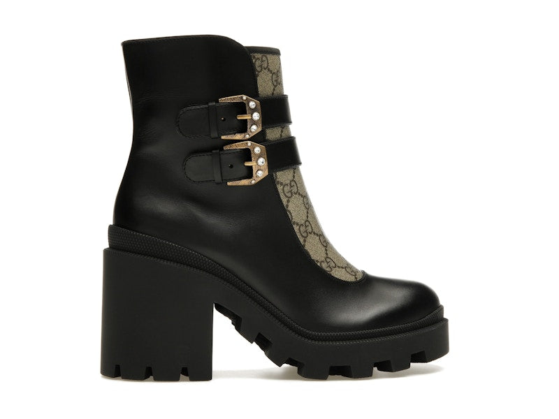 Gucci Buckles Ankle Boots Black Beige (Women's)