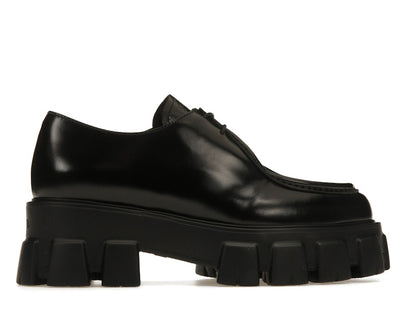 Prada Monolith 55mm Pointy Lace Up Loafer Black Brushed Leather