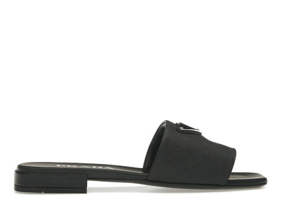 Prada Logo Slide Sandals Black Saffiano Leather