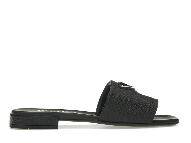 Prada Logo Slide Sandals Black Saffiano Leather