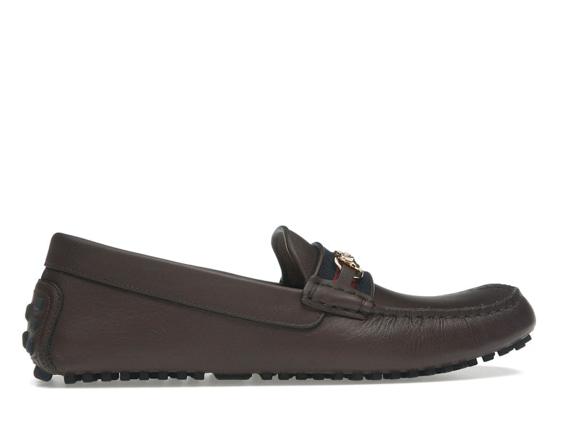 Gucci Ayrton Webbing-Trimmed Horsebit Leather Driver Loafers Brown