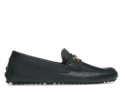 Gucci Ayrton Webbing-Trimmed Horsebit Leather Driver Loafers Black