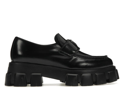 Prada Monolith 55mm Pointy Loafer Black Brushed Leather