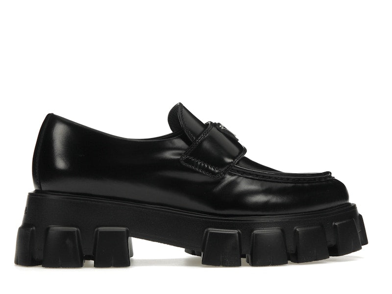 Prada Monolith 55mm Pointy Loafer Black Brushed Leather